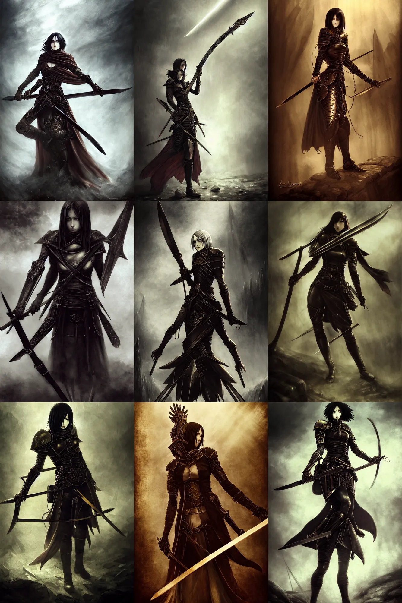 Prompt: mikasa ackermann dressed in gothic armor holding a spear in one hand, illustration by bastien lecouffe deharme, magic the gathering, shingeki no kyojin, desaturated colors, gloomy medieval background, sparse floating particles, god rays, golden hour, grim color palette, regal aesthetic, high quality