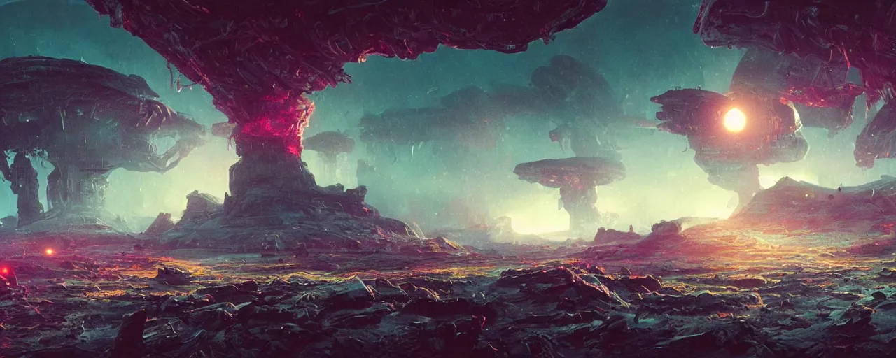 Image similar to ” mysterious and intimidating alien landscape, [ dangerous, cinematic, detailed, epic, widescreen, opening, establishing, mattepainting, photorealistic, realistic textures, octane render, art by slop and paul lehr ] ”