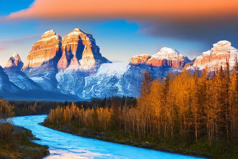 Prompt: an epic landscape painting of the three sisters mountains in canada, with snow on its peak, at sunrise in springtime, with bow river in the foreground, painted by x, atmospheric, volumetric lighting, rolling fog, breathtaking, highly detailed