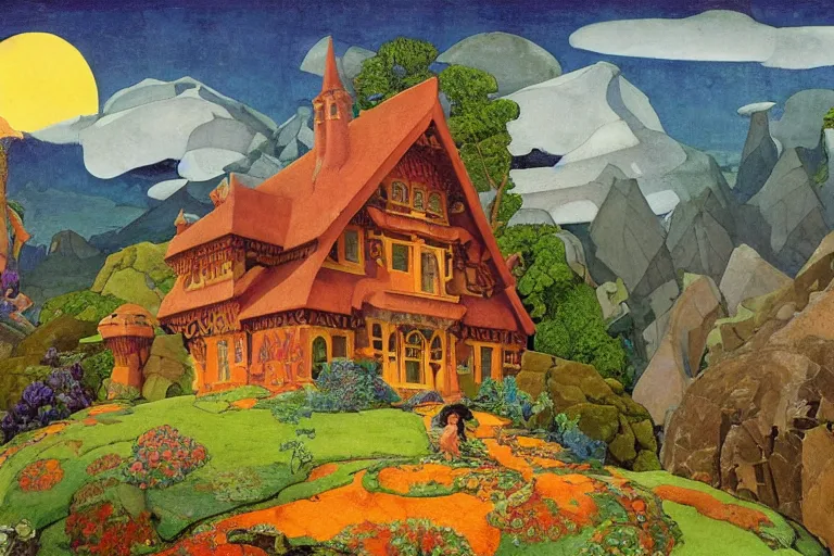 Image similar to the enchanted cottage and gardens of a wise woman on a mountaintop, dramatic cinematic lighting, folk-art carved painted wood house, rich colors, fairytale illustration, by Nicholas Roerich and William Dyce and ford madox brown and April Gornik and Caspar David Friedrich and Diego Rivera and Tyler Edlin and Ivan Bilibin