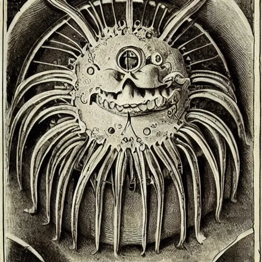 Image similar to whimsical freaky creature sings a unique canto about \'as above so below\' being ignited by the spirit of Haeckel and Robert Fludd, breakthrough is iminent, glory be to the magic within