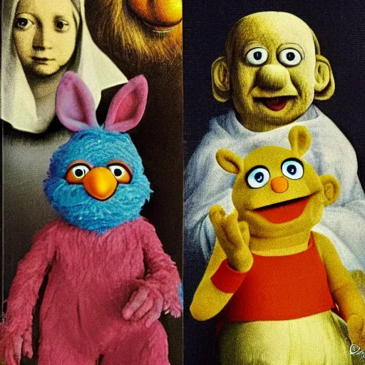 Prompt: painting of muppets and teletubbies and furbies, in the style of hieronymus bosch and johannes vermeer