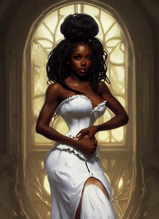 Image similar to cute black woman wearing a white corset dress, fantasy, intricate, highly detailed, digital painting, artstation, concept art, wallpaper, smooth, sharp focus, illustration, art by artgerm and greg rutkowski and alphonse mucha