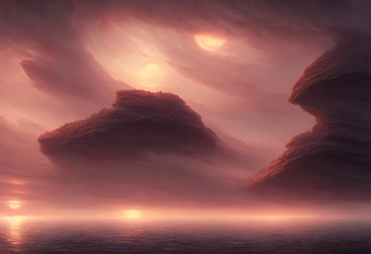 Image similar to strange sea surface of autumn planet at sunset, ultra high definition, ultra detailed, symmetry, fog, matte painting, by greg rutkowski and ross tran and wlop