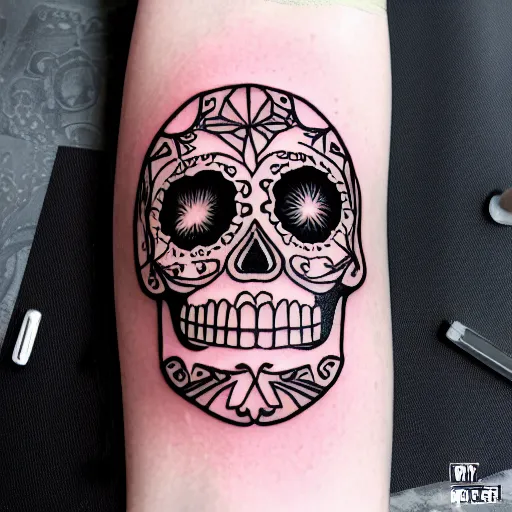 Prompt: a small vector tattoo design. art deco sugar skull.
