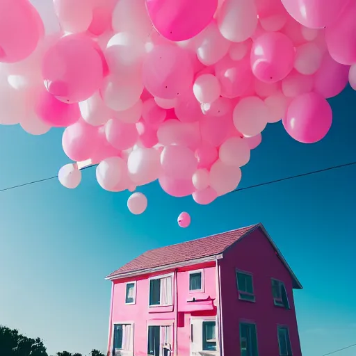 Image similar to a 5 0 mm lens photograph of a cute pink floating modern house, floating in the air between clouds, inspired by the movie up, held up from above by heart ballons. mist, playful composition canon, nikon, award winning, photo of the year