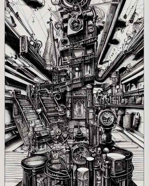 Image similar to a majestic steampunk alchemists bookshelf, two point perspective, furniture, high details, bold line art, by vincent di fate and joe fenton, inking, etching, screen print, masterpiece, trending on artstation, sharp, high contrast, hyper - detailed,, hd, 4 k, 8 k