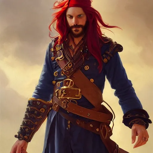 Image similar to portrait of a young pirate captain, male, masculine, handsome, upper body, red hair, long hair, D&D, fantasy, intricate, elegant, highly detailed, digital painting, artstation, concept art, sensual, matte, sharp focus, illustration, art by Artgerm and Greg Rutkowski and Alphonse Mucha