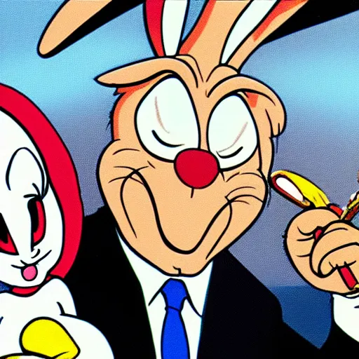 Prompt: bugs bunny smacking donald trump on the back with a club and sending him flying, cartoon, looney toons