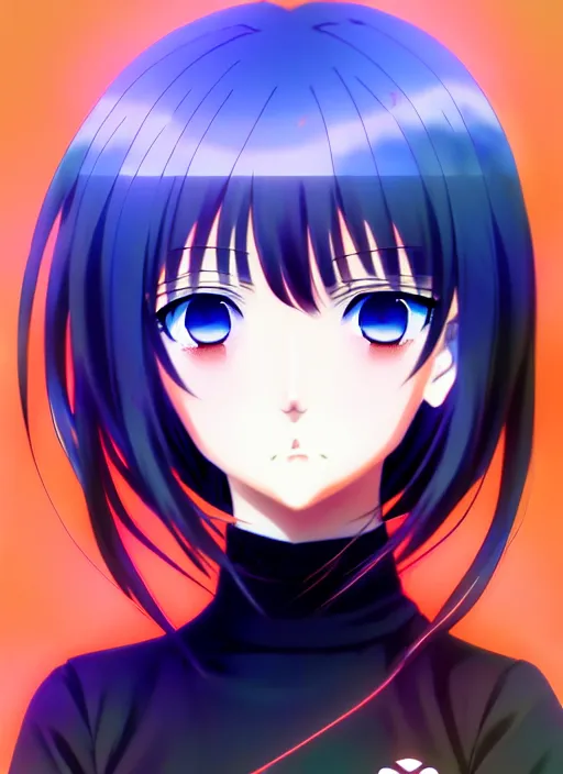 Image similar to anime portrait of a beautiful woman, blue - orange eyes, ilya kuvshinov, black clothing, anime, pixiv top monthly, trending on artstation, cinematic, danbooru, zerochan art, kyoto animation