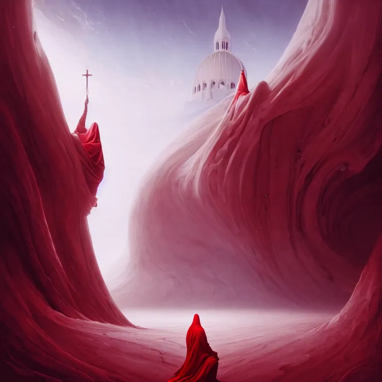 Prompt: one lone singular swirling otherworldly angelic figure shrouded in red robes emerges from extensive barren white dunescape, matte painting by peter mohrbacher and filip hodas, background basilica! sacre coeur, godrays, high contrast, highly detailed, a