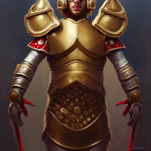 Prompt: Sam Hyde wearing a futuristic Roman warrior armor with gold and red details, exposed in cryo chambers by James Jean, intricate, elegant, highly detailed, centered, digital painting, artstation, concept art, smooth, sharp focus, illustration, by Peter Mohrbacher, WLOP