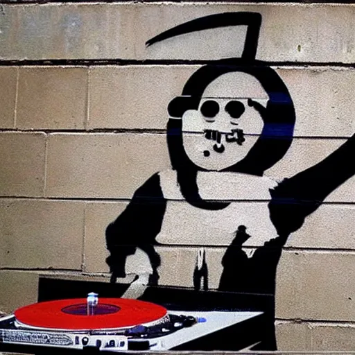 Prompt: a banksy street art depicting a disc jockey using two turntable, highly detailed