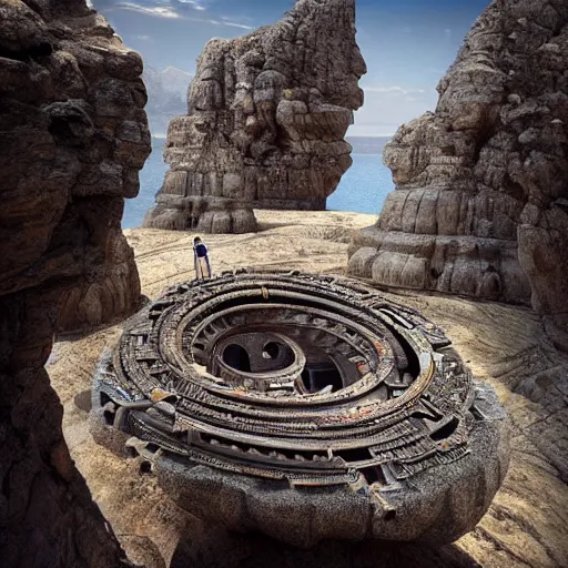 Prompt: a gigantic paleolothic torus made of stone with highly detailed carvings of intricate shamanic robotic electronics and circuitry, in a mediterranean lanscape, inside a valley overlooking the sea, in the style of michal karcz