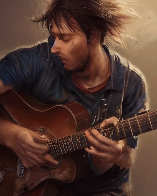 Image similar to chris tt playing guitar, hyper realistic face, fantasy art, in the style of greg rutkowski, intricate, hyper detailed