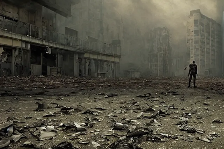 Image similar to dystopian hazmat chased by zombie in dilapidated building. by Roger Deakins
