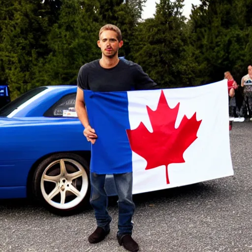 Image similar to Paul Walker holding Canadian flag next a blue r34 skyline, painting