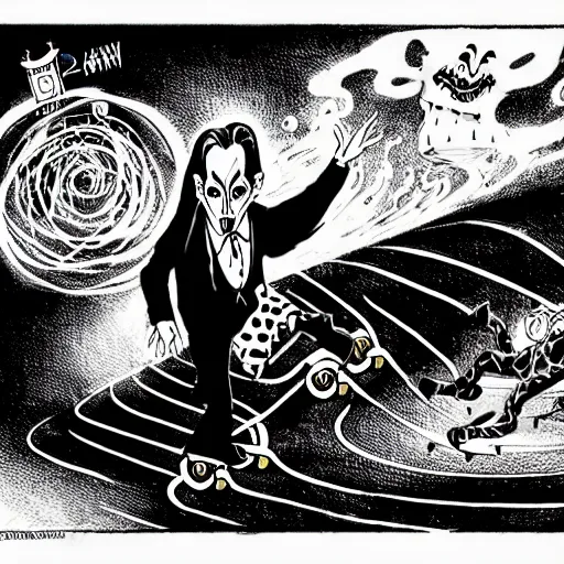 Prompt: black and white trippy comic art depiction of dracula the vampire wearing a suit and roller skating on prominently featured roller skates, zooming down the street with action lines flying past him, drawn by martin rowson, tim burton, alex pardee, nekro petros afshar, cgsociety, awesome, cool, detailed, intricate ink, 4 k