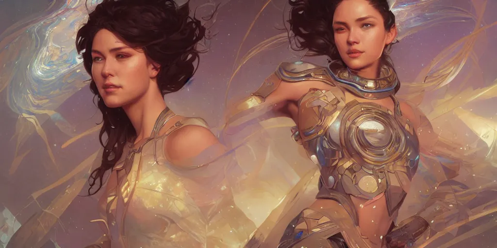 Image similar to epic portrait an space star goddess, intricate, full frontal shot, highly detailed, digital painting, artstation, concept art, sharp focus, illustration, art by artgerm and greg rutkowski and alphonse mucha