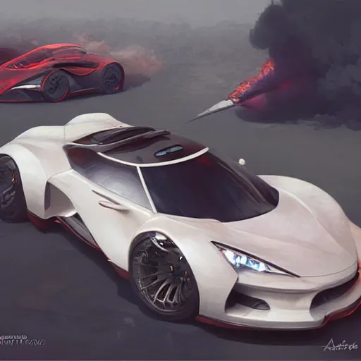 Image similar to ultra realistic illustration, a sportscar on fire, highly detailed, digital painting, artstation, concept art, smooth, sharp focus, illustration, art by artgerm and greg rutkowski and alphonse mucha