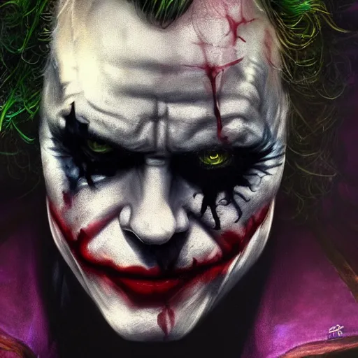 Image similar to heath ledger joker, darkwave, darksynth, character portrait, sharp, digital matte painting, art by luis royo, greg rutkowski, wlop, dramatic lighting, trending on artstation