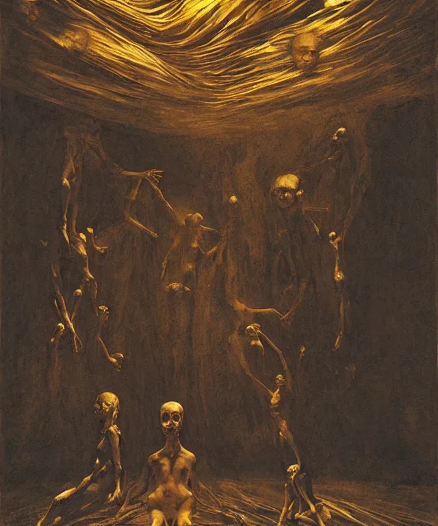 Image similar to The dark room without doors and windows with beautiful full-body wax sculpture of the glowing transparent woman with visible golden bones inside her in the singularity where stars becoming baroque folds of dark matter by Michelangelo da Caravaggio, Nicola Samori, William Blake, Alex Grey and Beksinski, dramatic volumetric lighting, super detailed oil painting, 8k, masterpiece