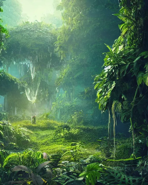 Image similar to beautiful jungle landscape, anonymous head, beautiful vines growing, in the style of beeple and mike winkelmann, intricate, epic lighting, cinematic composition, hyper realistic, 8 k resolution, unreal engine 5, raytracing, reflections, happy colors