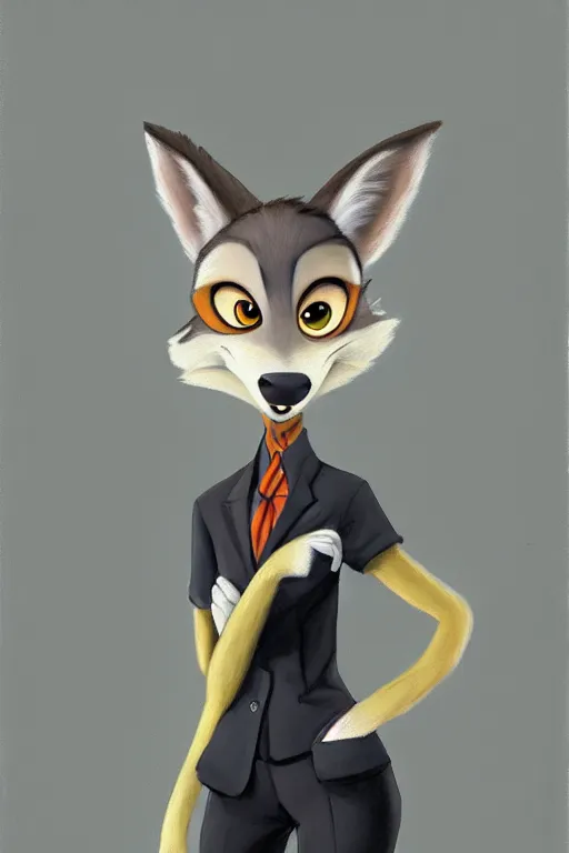 Image similar to oil painting of anthromorphic female wolf, in style of zootopia, female fursona, furry, furaffinity, 4 k, deviantart, furry art, fursona art, wearing black business suit, business suit, wolf fursona, female, smug expression,