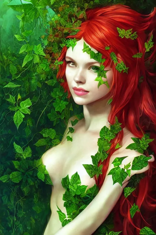 Prompt: portrait of beautiful young poison ivy as titania, summer queen. faerie queen. queen of light, green, poison ivy, made by caravaggio stanley artgerm lau wlop rossdraws artstation cgsociety concept art cgsociety octane render