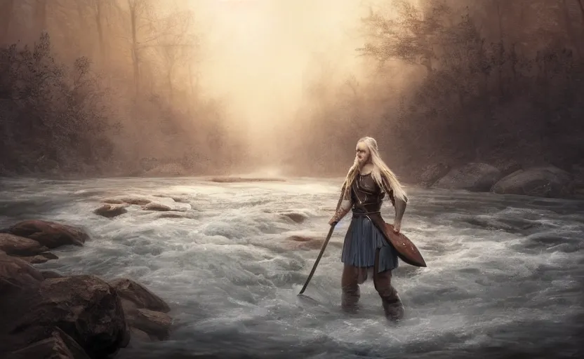 Image similar to epic portrait an female viking washing off her axe in a river, blizzardy winter, foggy, forest and river backround, flowing blonde hair, digital painting, artstation, concept art, soft light, hdri, smooth, sharp focus, illustration, fantasy, intricate, elegant, highly detailed, D&D, matte painting, in the style of Greg Rutkowski and Alphonse Mucha and artemisia, 8k, highly detailed, jurgens, rutkowski, bouguereau, pastoral, rustic, georgic, detailed concept art, illustration, colorful pastel, painting, detail, ultra detailed, digital art, 4K, unreal engine 5, 16k resolution,