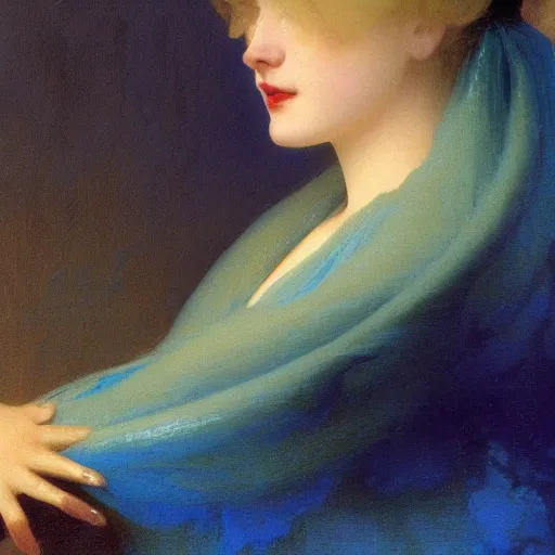 Prompt: a young woman's face, her hair is white and she wears an azure blue satin cloak, by ivan aivazovsky and syd mead and moebius and gaston bussiere and roger dean and pieter claesz and paul delaroche and alma tadema and aelbert cuyp and willem claesz, hyperrealistic, volumetric light, octane render