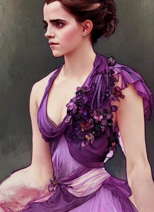 Image similar to emma watson wearing revealing pink and purple chiffon dress with flounces. beautiful detailed face. by artgerm and greg rutkowski and alphonse mucha