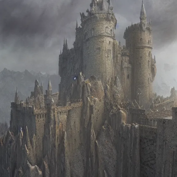 Prompt: A highly detailed 4K fantasy matte painting of a A huge, rambling, quite scary-looking castle, with a jumble of towers and battlements, zdzislaw beksinski, ArtStation, CGSociety, Unreal Engine