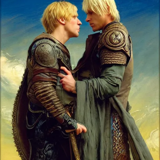 Image similar to attractive male, blond hair arthur pendragon confesses his love to attractive male dark harried merlin. highly detailed painting by gaston bussiere, craig mullins, j. c. leyendecker 8 k