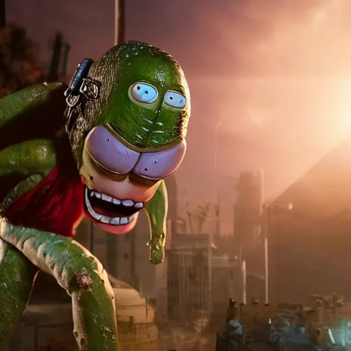 Image similar to pickle rick! as superman! flying in ( gears of war ), splash art, movie still, detailed face, photorealistic facial features, cinematic lighting, dramatic, octane render, long lens, shallow depth of field, bokeh, anamorphic lens flare, 8 k, hyper detailed, 3 5 mm film grain