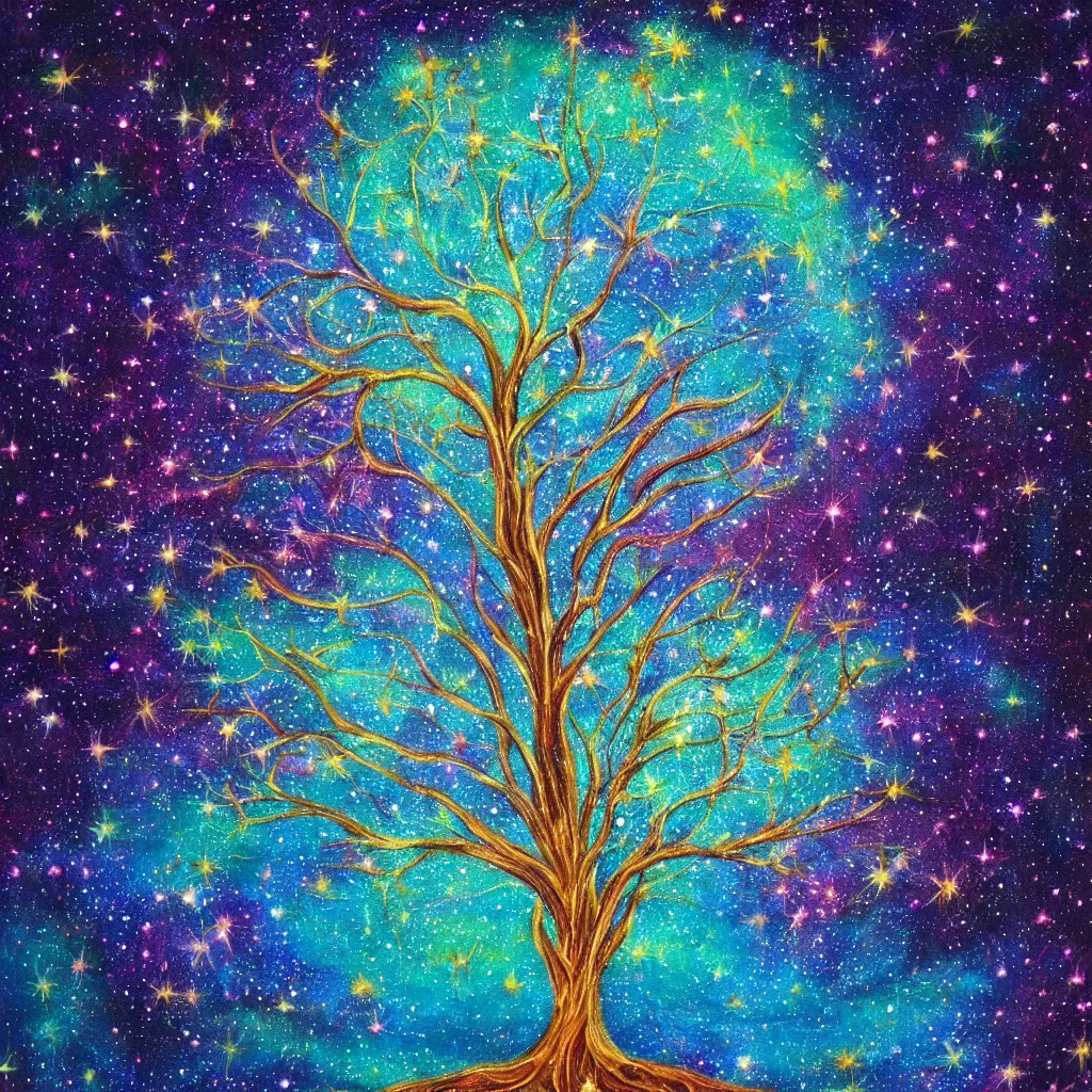 Prompt: tree of life made of stars, Galaxy Sky, A beautiful painting,4k, high detail, fantasy,