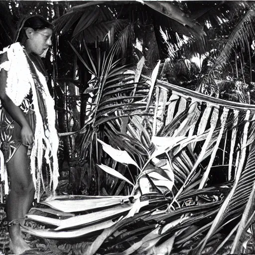 Prompt: a rizom lost film footage of a sacred ( ( ( ( ( indigenous ) ) ) ) ) artifact in the middle of the ( ( ( ( ( ( ( ( ( ( tropical jungle ) ) ) ) ) ) ) ) ) ) / ethnographic object / film still / cinematic / enhanced / 1 9 0 0 s / black and white / grain