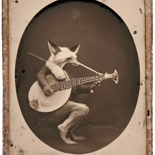 Image similar to A sepia-toned wet plate photograph, of a fox playing banjo, circa 1912, fox playing a banjo