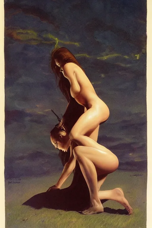 Prompt: portrait of a young witch kneeling under the full moon, highly detailed, by frank frazetta and boris vallejo