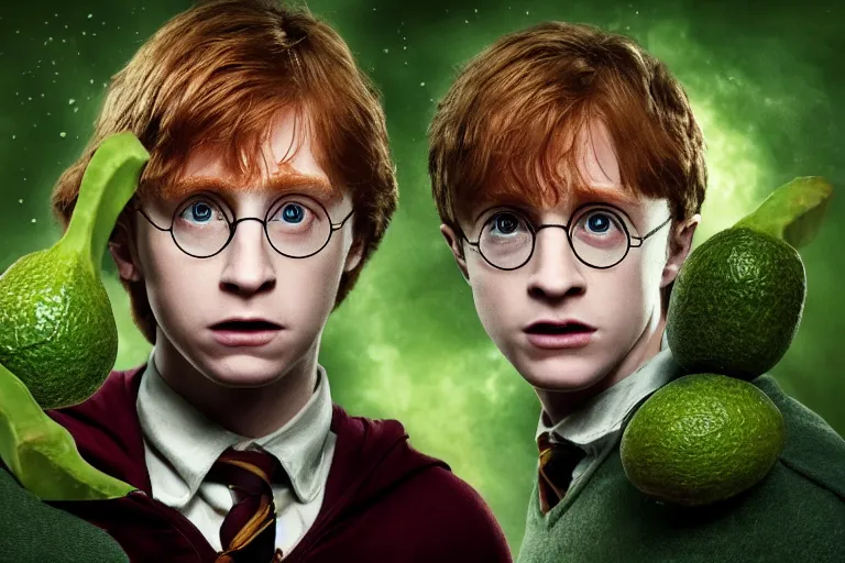 Image similar to an ultra realistic, cinematic, headshot portrait, of harry potter, ron weasley, hermoine granger as an avocado, fantasy, avocado, facial features, background of a vast serene landscape, with trees and rivers, detailed, deep focus, movie still, dramatic lighting, ray tracing, by michal karcz and yoshitaka amano