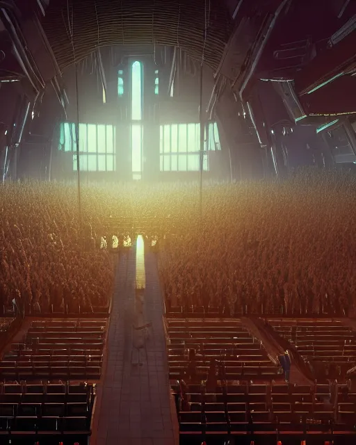 Prompt: scifi movie scene unreal engine 5 render of a crowd in a futuristic church by craig mullins and ghibli, strong contrast, priest, pews, ethereal, inviting, bright, raking light, hyper realism, realistic shading, cinematic composition, blender render, octane render, hdr, detailed textures, photorealistic, wide shot