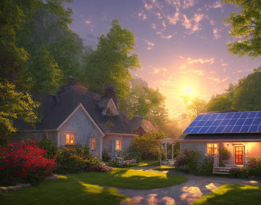 Prompt: idyllic cottage, 1950s, by Asher Durand. solar power, intricate artwork, octane render, cinematic, hyper realism, sunrise, thomas kinkade, octane render, 8k, depth of field, bokeh. iridescent accents. vibrant.