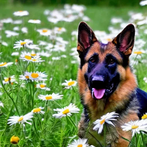 Image similar to German shepherd dog chasing a bunny in a field with daisies, trees in the distance with sun blue skies a couple of clouds