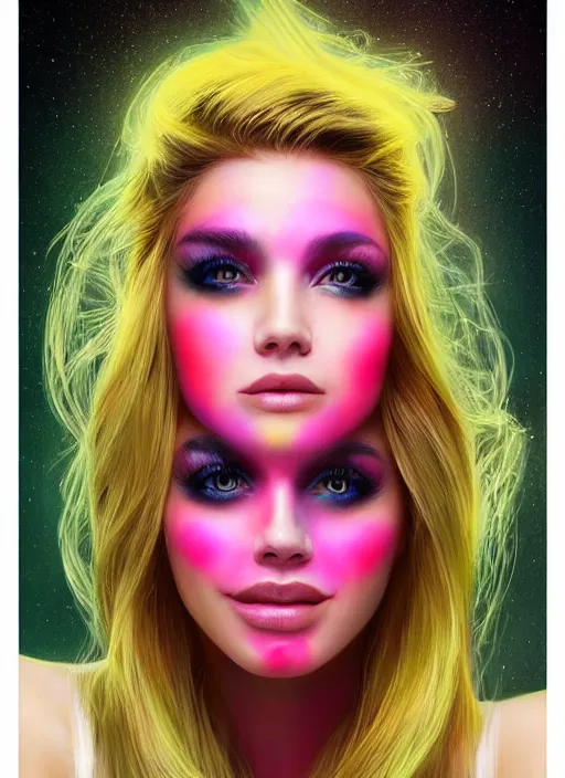 Image similar to gorgeous android portrait with neon face makeup, eightees look, smiling expression, cute nose, retro, beautiful lights, vintage look, hyper realistic, illustration, airbrush, 8 k, intricate, duo tone, art by david la chapelle and philip castle, artgerm