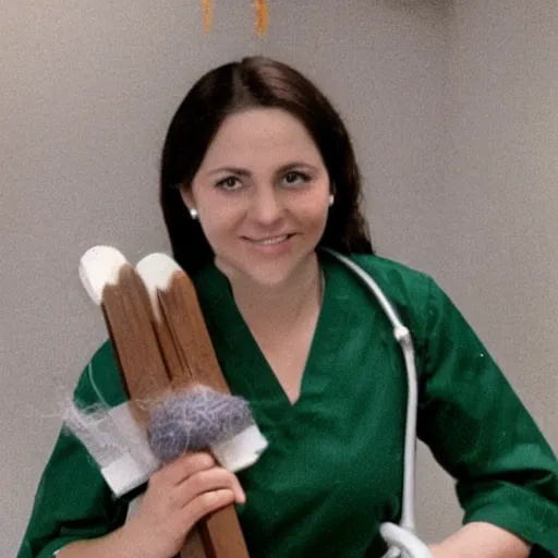 Prompt: a nurse with long brown hair and wearing green scrub nurse uniform riding on a broomstick like a witch