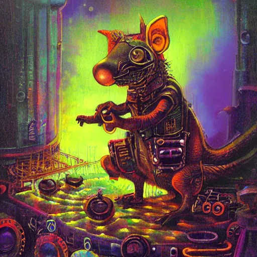 Image similar to steampunk rat, acid, 303, psychedelic, by paul lehr