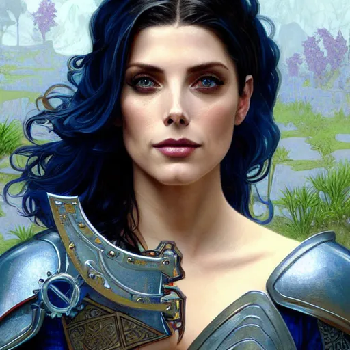 Image similar to Ashley Greene with dark blue hair as Joan of Arc wearing metal armor, western, D&D, fantasy, intricate, elegant, highly detailed, digital painting, artstation, concept art, matte, sharp focus, illustration, art by Artgerm and Greg Rutkowski and Alphonse Mucha