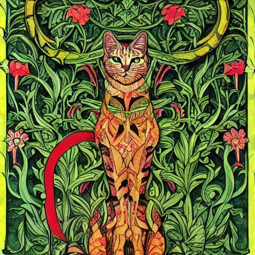 Image similar to colourful green man cat by walter crane and william morris, 8 k, artstation