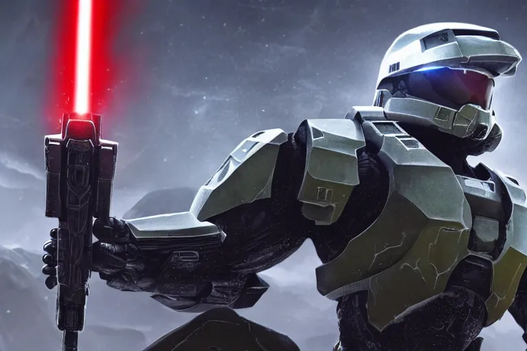 Image similar to halo master chief as a sith in star wars, photorealistic, 8 k, cinematic, dark