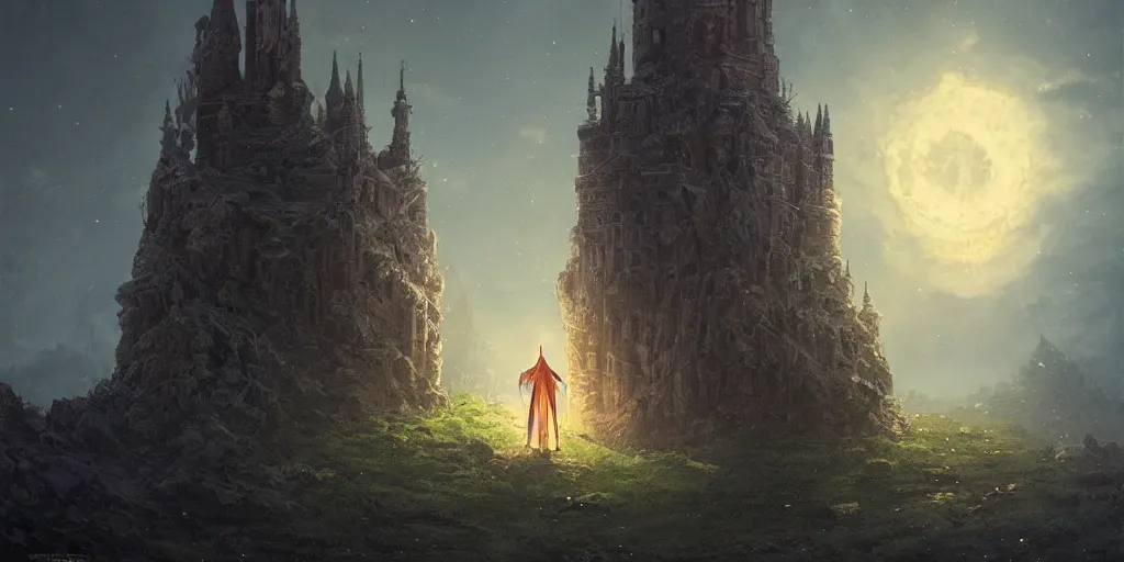 Prompt: a glowing wizard approaches a towering castle on a moonlit night, close up portrait, dark fantasy, Greg Rutkowski and Studio Ghibli and Ivan Shishkin